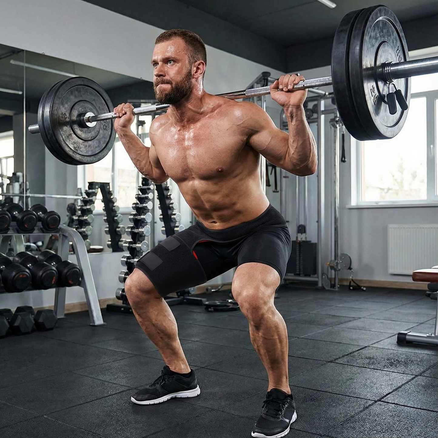 Hombre fuerte en el gimnasio levantando pesa utilizando la faja ortopédica para dar estabilidad extra a la espalda baja y cadera durante esfuerzos intensos.