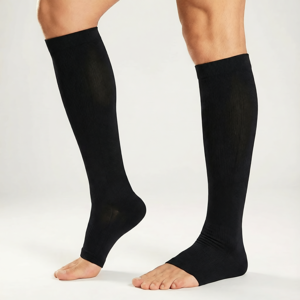 Par de medias de compresión graduada 20-30 mmHg con diseño de punta abierta para mejorar la circulación y evitar calor en los pies.