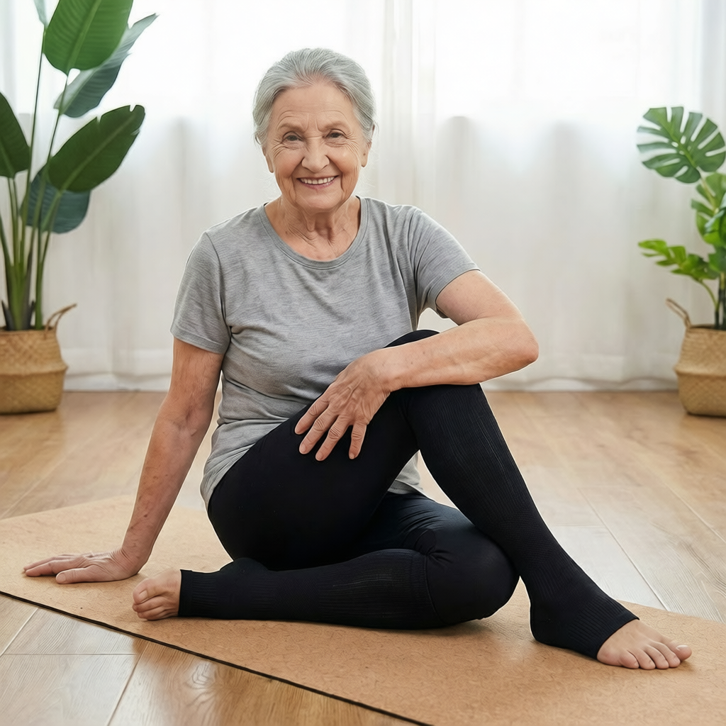 eñora mayor practicando yoga en casa con comodidad usando medias de compresión abiertas, ideales para tratar varices sin perder la estabilidad y el tacto en los dedos de los pies.
