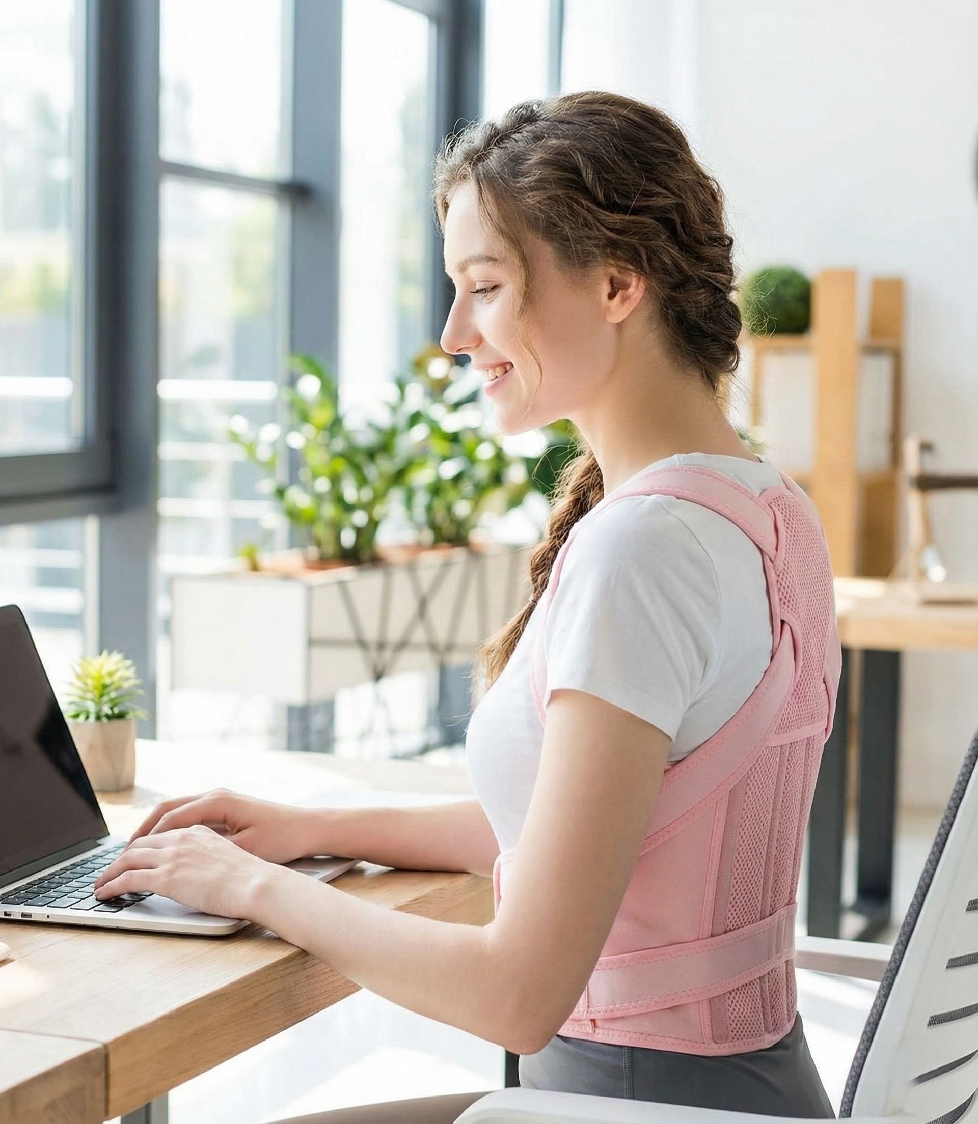 Mujer en oficina con postura erguida usando faja correctora de espalda rosa