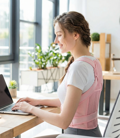 Mujer en oficina con postura erguida usando faja correctora de espalda rosa