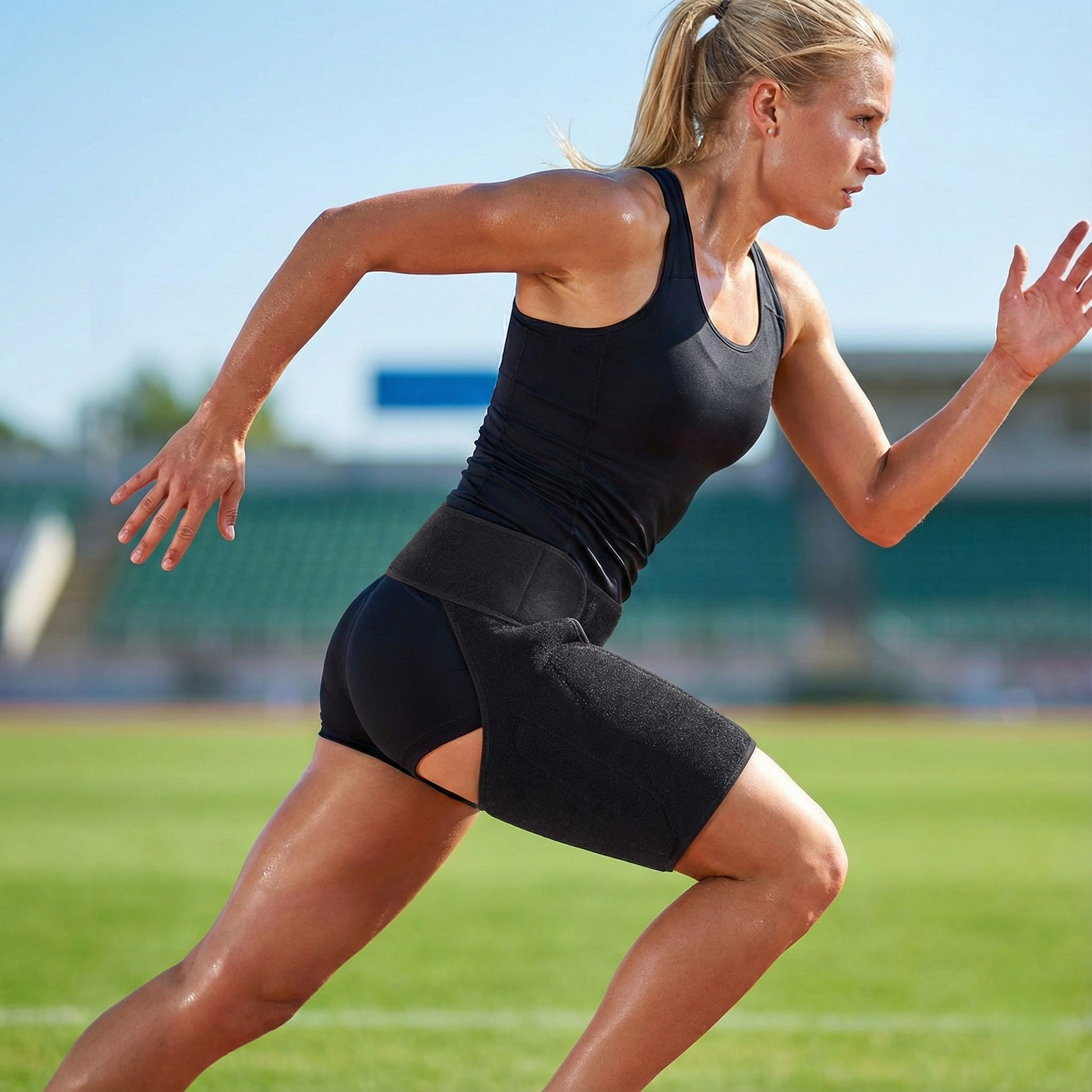 Mujer corriendo a alta velocidad (sprint) en un campo deportivo, llevando la faja de compresión negra que se mantiene en su lugar gracias a su diseño antideslizante incluso en actividades intensas
